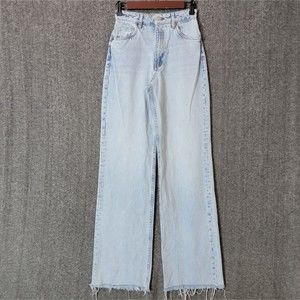 ZARA Jeans Womens 2 Blue Marine Straight Wide Leg High Waist Raw Hem